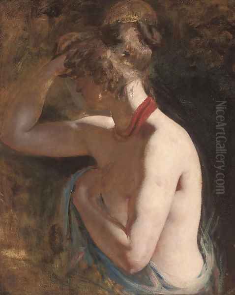 Study of a female nude, half-length, draped in a blue wrap with a red scarf around her neck Oil Painting by William Etty