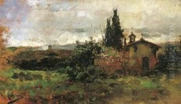 Paesaggio Con Campagna E Chiesetta Oil Painting by Agustin Salinas Y Teruel