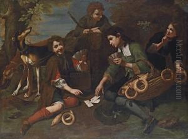 Boys Playing Cards In A Forest Clearing Oil Painting by Tommaso Salini (Mao)