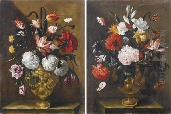 Vaso Di Fiori Con Rose, 
Tulipani, Ortensie E Una Farfalla; E Vasodi Fiori Con Garofani, Peonie, 
Gigli, Tulipani, Narciso Ed Unafarfalla Oil Painting by Tommaso Salini (Mao)