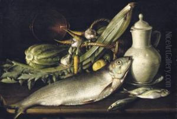 Fish, Cellery, A Cabbage And An 
Earthenware Pot With Carrots, Garlic And A Lemon In A Wicker Basket And A
 Porcelain Jug On A Platter, All On A Wooden Ledge Oil Painting by Tommaso Salini (Mao)