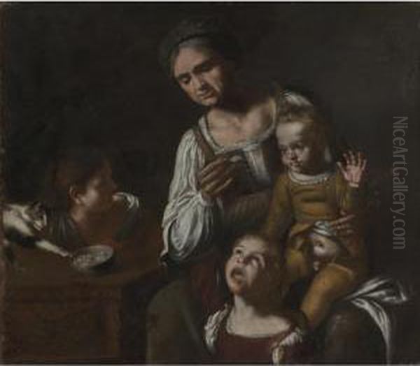 Interior Scene With A Woman And Three Children Oil Painting by Tommaso Salini (Mao)