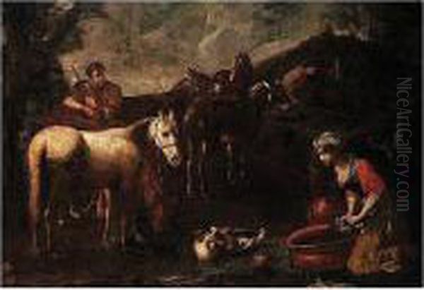 Herdsmen Watering Horses And Donkeys At A Trough, With A Woman Washing Oil Painting by Tommaso Salini (Mao)