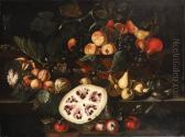 Grapes On The Vine, Peaches And 
Pears In A Basket, With A Melon, A Cut Fig And Other Fruit On Stone 
Ledges Oil Painting by Tommaso Salini (Mao)