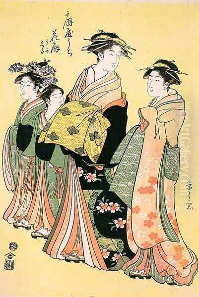 Hanogi, Yoshino and Tatsuta from the Ogiya Establishment, 1789-1801 Oil Painting by Chobunsai Eishi