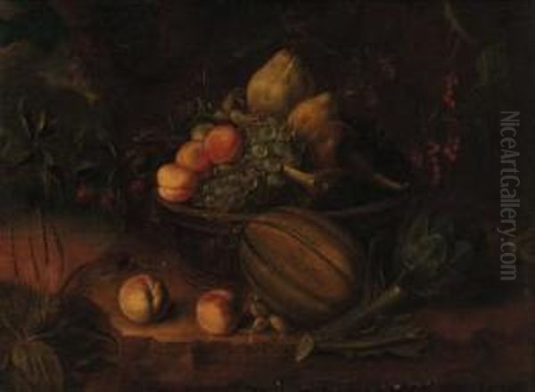 A Basket With Peaches, Grapes, 
Pears And Figs On A Stone Ledge Withpeaches, A Melon And Artichoke In A 
Landscape Oil Painting by Tommaso Salini (Mao)