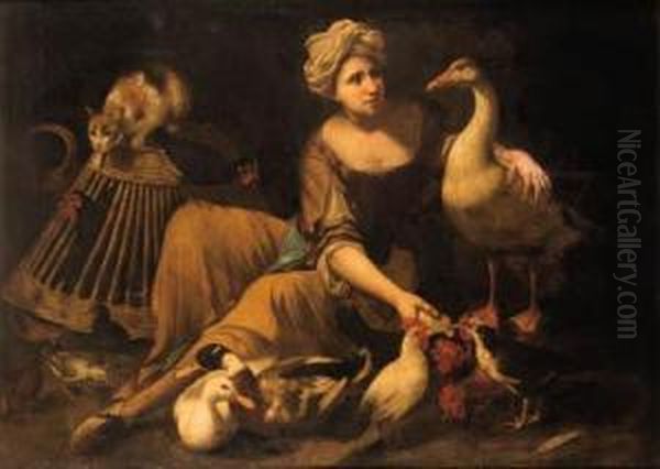 A Girl Feeding Cockerels, With A Cat On A Basket, A Goose, Duck Andother Birds Oil Painting by Tommaso Salini (Mao)