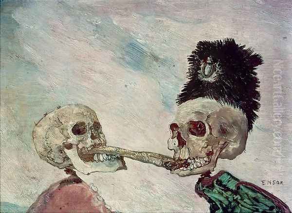 Skeletons Fighting over a Herring Oil Painting by James Ensor