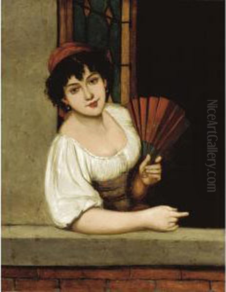 A Young Girl With A Hand Fan Oil Painting by Jules Salles-Wagner