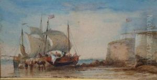 Two Fishing Vessels Unloading Their Catch On A Beach Oil Painting by John Cuthbert Salmon