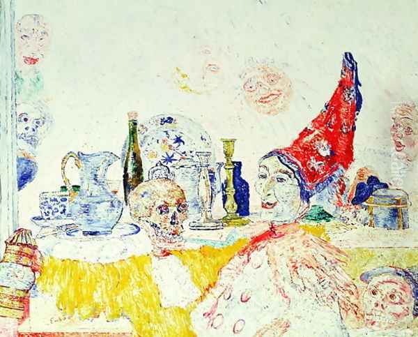 Pierrot and the Yellow Skeleton Oil Painting by James Ensor