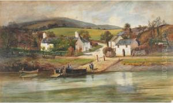 Figures Boarding A Ferry On A Village Shore Oil Painting by John Cuthbert Salmon