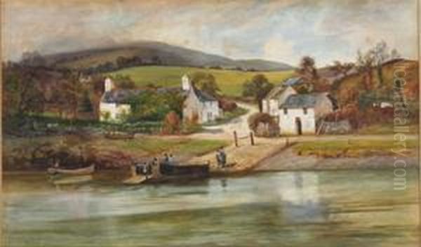 Figures Boarding A Ferry On A Village Shore Oil Painting by John Cuthbert Salmon