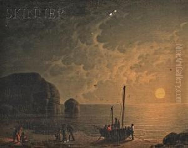 Smugglers, Moonlight With Lantern Oil Painting by Robert Salmon