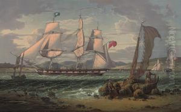 An Armed Merchantman Making Her Way Down The Clyde Past The 'tailof The Bank' Oil Painting by Robert Salmon