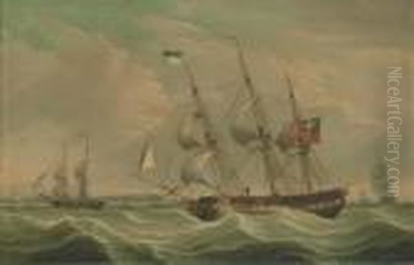 A British Armed Sloop In Three Positions Off A Coast Homeward Bound Oil Painting by Robert Salmon