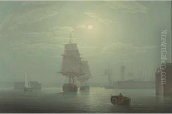 A Port In Moonlight Oil Painting by Robert Salmon