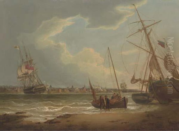 The Ship Liverpool In The Mersey, Seen From The Wallasey Foreshore,1810 Oil Painting by Robert Salmon