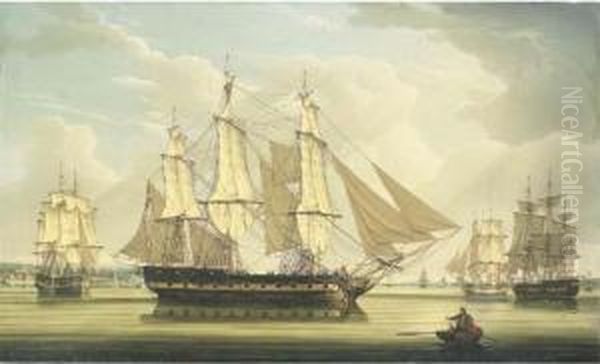 A Fifth Rate Ship Of The Line And A Brig Drying Sails In A Flat Calm On The River Mersey Oil Painting by Robert Salmon