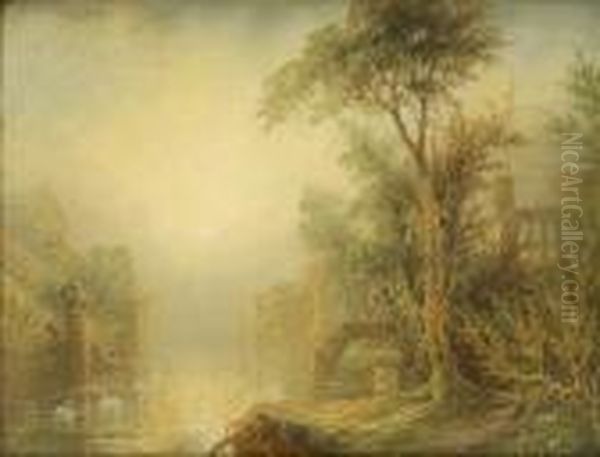 Italianate Riverscenes, With 
Swans And Gondolas, The Tree Lined Banks Withcapriccios A Pair Oil Painting by James Salt