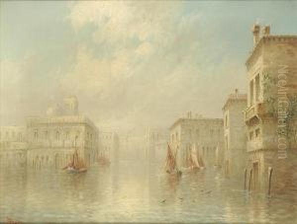 Venice, Fishingboats In Early 
Morning Mist, St Mark's Basilica And Campanilebeyond A Pair Oil Painting by James Salt