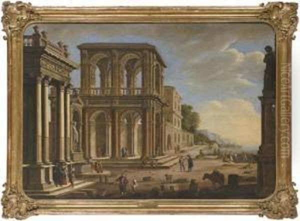 An Architectural Capriccio With An Ionic Portico, A Fountain, A Two Story Loggia Oil Painting by Alessandro Salucci