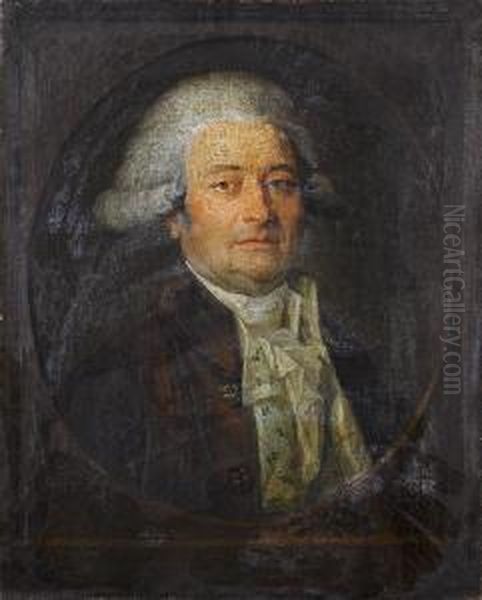 Portrait Of A Gentleman, 
Bust-length, In A Purple Coat, Floral Waistcoat And White Chemise, 
Within A Painted Stone Oval Oil Painting by Mariano Salvador Maella