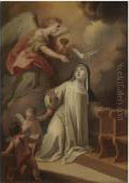 Saint Catherine Of Siena Receiving Holy Communion From Anangel Oil Painting by Mariano Salvador Maella