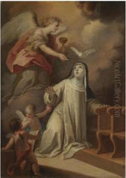 Saint Catherine Of Siena Receiving Holy Communion From An Angel Oil Painting by Mariano Salvador Maella