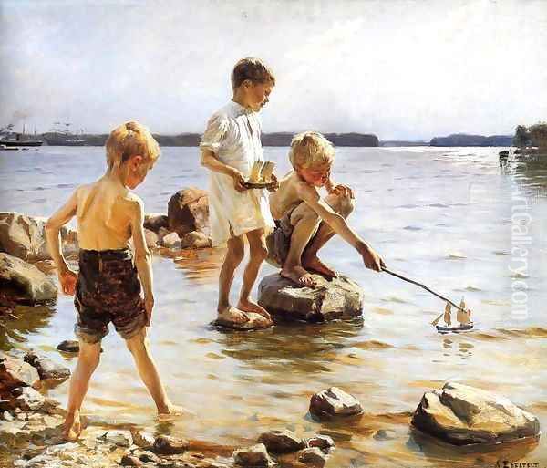 Boys Playing at the Beach Oil Painting by Albert Edelfelt