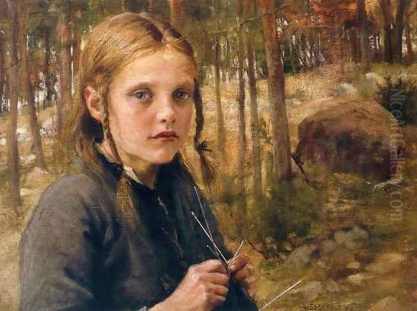 A Girl Knitting Socks Oil Painting by Albert Edelfelt