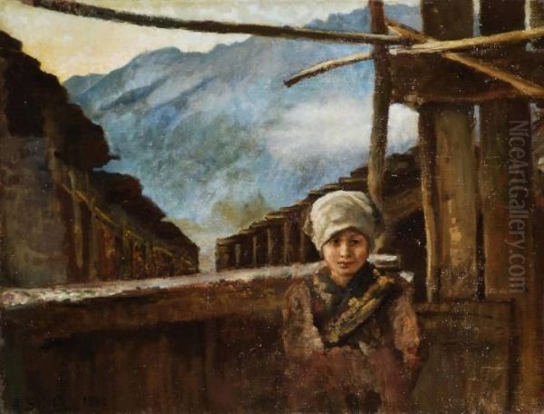 Fanciulla In Casolare Di Montagna Oil Painting by Antonio Salvetti