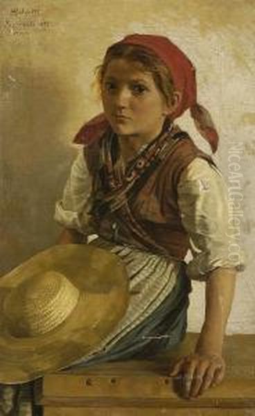 Young Girl Seated, Holding A Straw Hat Oil Painting by Antonio Salvetti