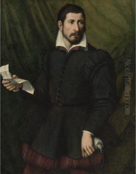 Portrait Of A Man Holding A Letter Oil Painting by Rancesco De' Rossi (see Salviati, Cecchino Del)