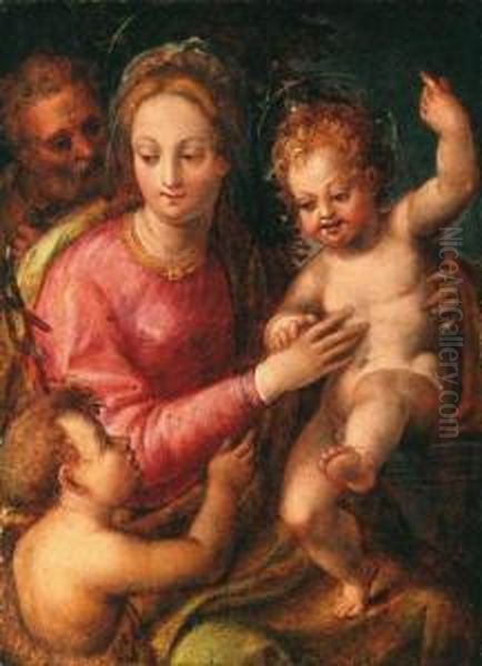 Sacra Famiglia Con San Giovannino Oil Painting by Rancesco De' Rossi (see Salviati, Cecchino Del)