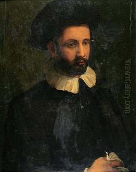 A Portrait Of A Gentleman Wearing A Hat Oil Painting by Rancesco De' Rossi (see Salviati, Cecchino Del)