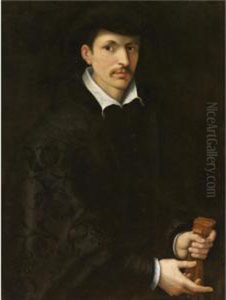 Portrait Of A Gentleman, Half Length, Wearing Black And Holding A Pair Of Gloves Oil Painting by Rancesco De' Rossi (see Salviati, Cecchino Del)