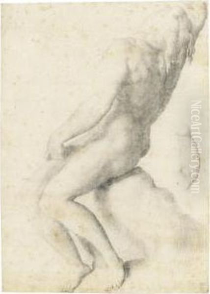 A Naked Youth Seated On A Rock, 
His Right Arm Raised Above His Head Which Rests On His Left Shoulder, 
And A Separate Partial Study Of His Right Arm Oil Painting by Rancesco De' Rossi (see Salviati, Cecchino Del)