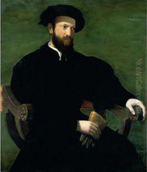 Portrait Of A Gentleman, 
Three-quarter Length, Dressed In Black And Seated Against A Green 
Background Oil Painting by Rancesco De' Rossi (see Salviati, Cecchino Del)