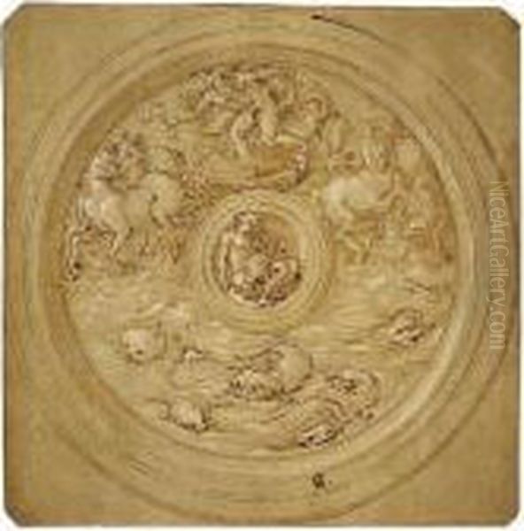 Design For A Round Platter, With The Chariot Of Neptune And Dolphins Oil Painting by Rancesco De' Rossi (see Salviati, Cecchino Del)