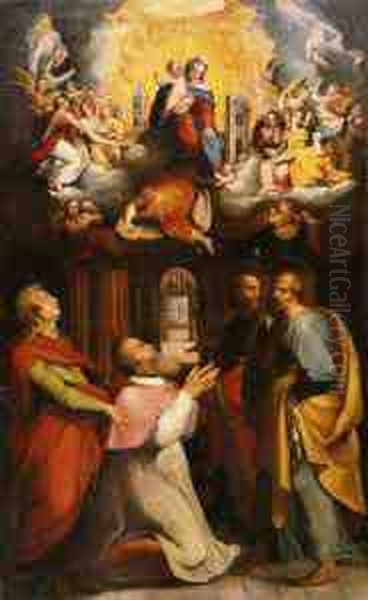 Apparizione Della Madonna 
Diloreto Ad Un Cardinale Di Nome Giovanni, Tra I Santi Giovanni,pietro E
 Paolo Oil Painting by Orazio Samacchini