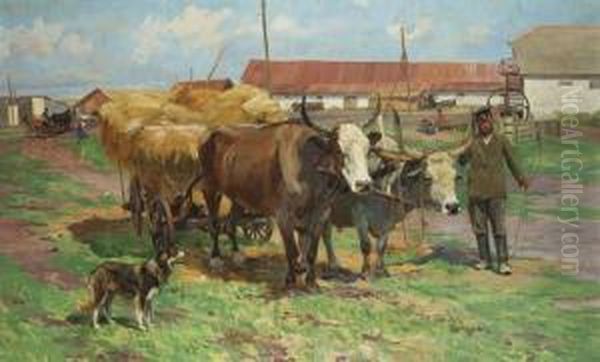 Ox-cart In A Farmyard Oil Painting by Nikolai Semenovich Samokish