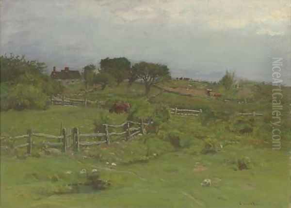 Cattle Grazing with a Farm in the Distance Oil Painting by John Joseph Enneking