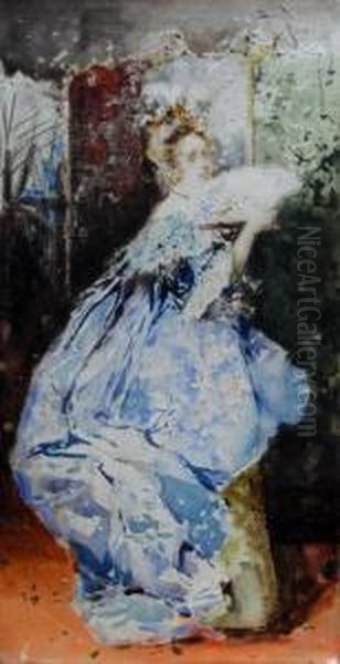 Lady In An Interior With A Fan Oil Painting by Salvador Sanchez-Barbudo Morales