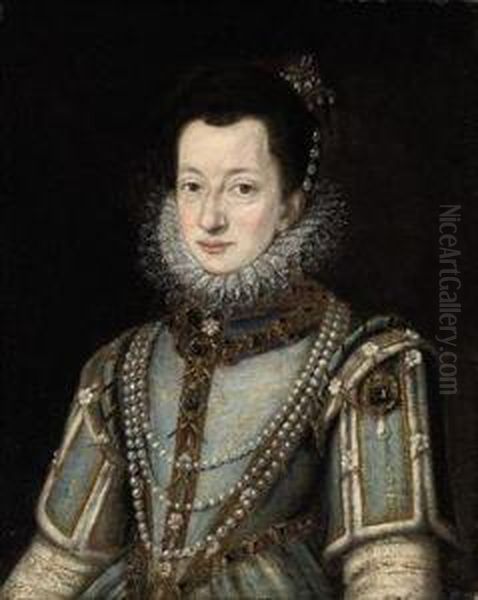 Portrait Of A Lady, Half-length,
 In A Jewel-encrusted Blue Dress,with A Lace Collar And Pearl Ornaments Oil Painting by Alonso Sanchez Coello