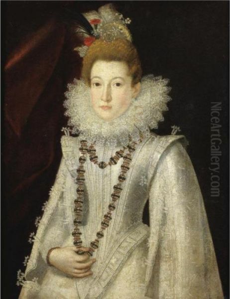 Portrait Of A Lady, Half Length,
 Wearing A White Richly Embroidered Dress And Holding A Necklace Oil Painting by Alonso Sanchez Coello