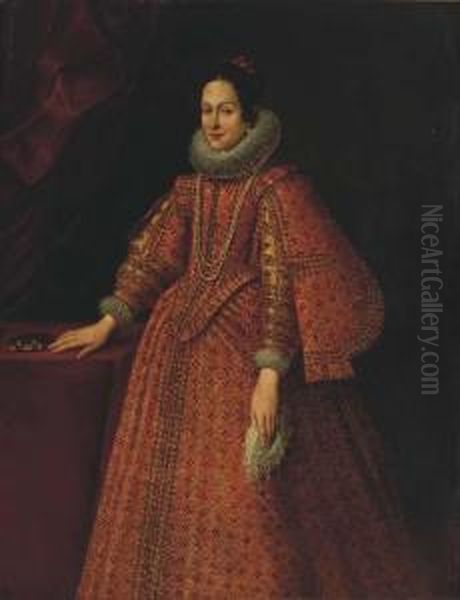 Portrait Of A Lady, Three-quarter Length, In A Red Embroidereddress Standing By A Desk Oil Painting by Alonso Sanchez Coello