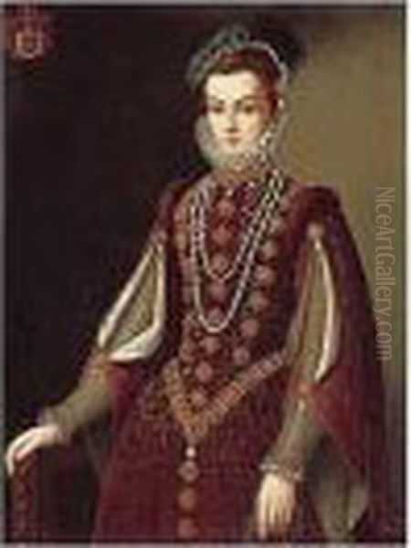 Portrait Of A Lady, Three Quarter Length, Wearing A Burgundy Dress Oil Painting by Alonso Sanchez Coello