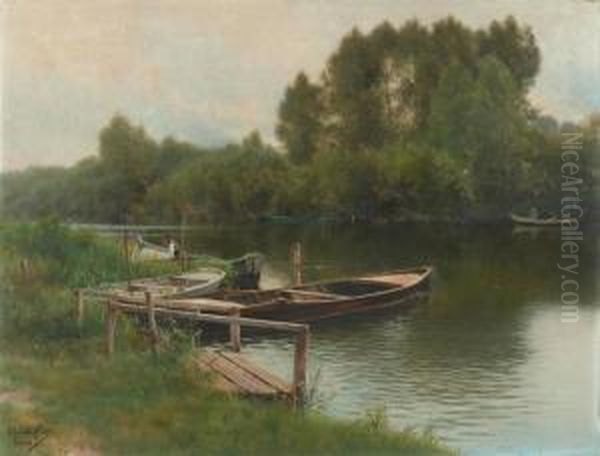 River Landscape In Pontoise. Oil Painting by Emilio Sanchez-Perrier