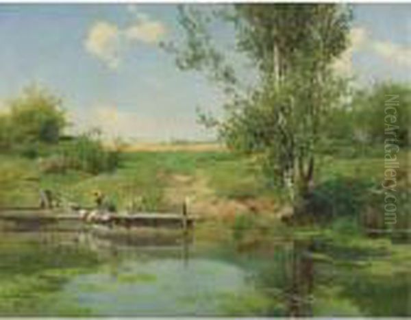 Laundry At The Edge Of The River Oil Painting by Emilio Sanchez-Perrier